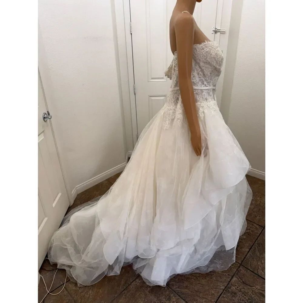 Oleg Cassini Size 16 W Ivystone White Strapless Lace Wedding Dress Layered Train - Picture 9 of 16